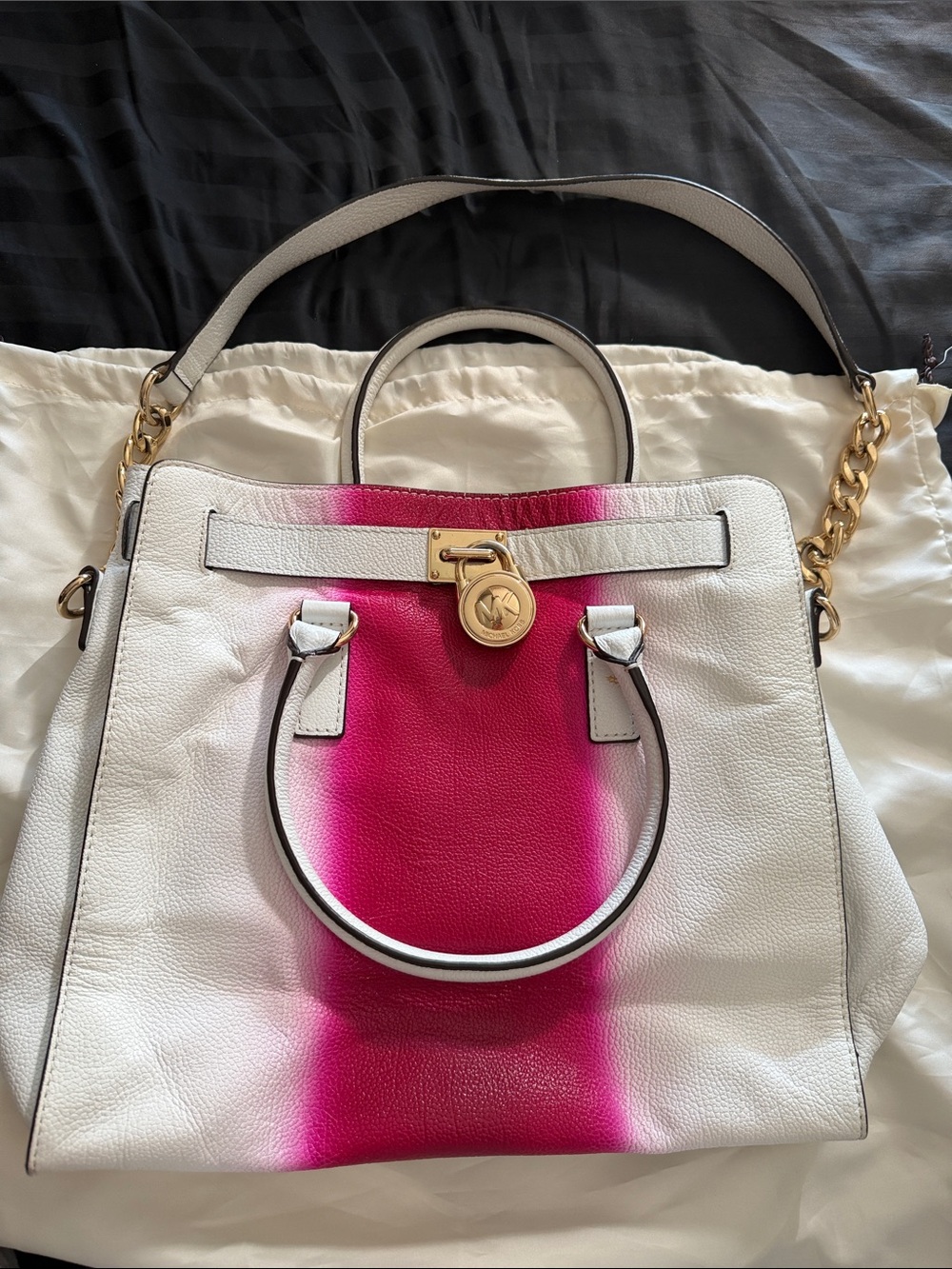 Michael Kors White and Fuchsia Leather Satchel with Gold Hardware
